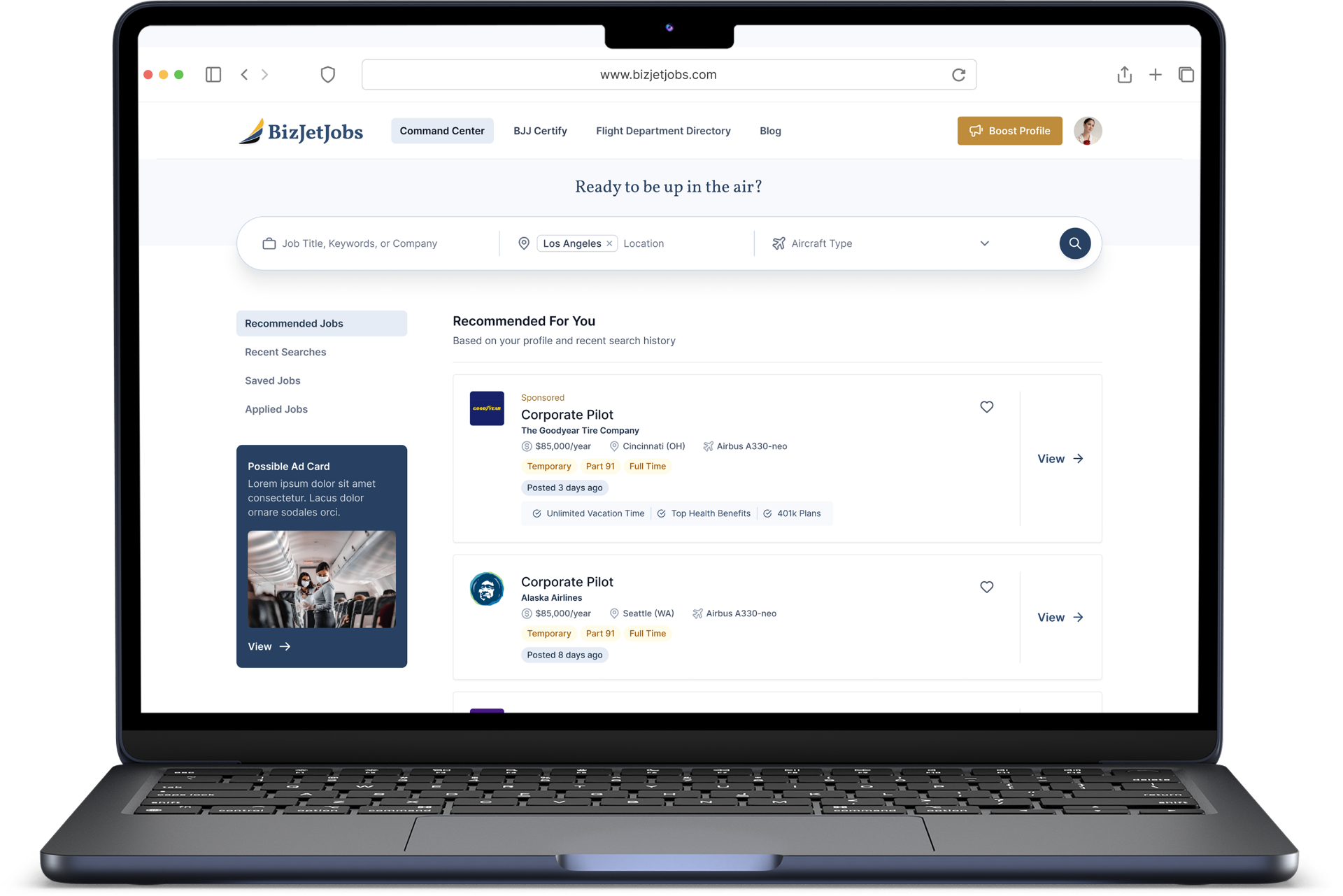 BizJetJobs search results with filters