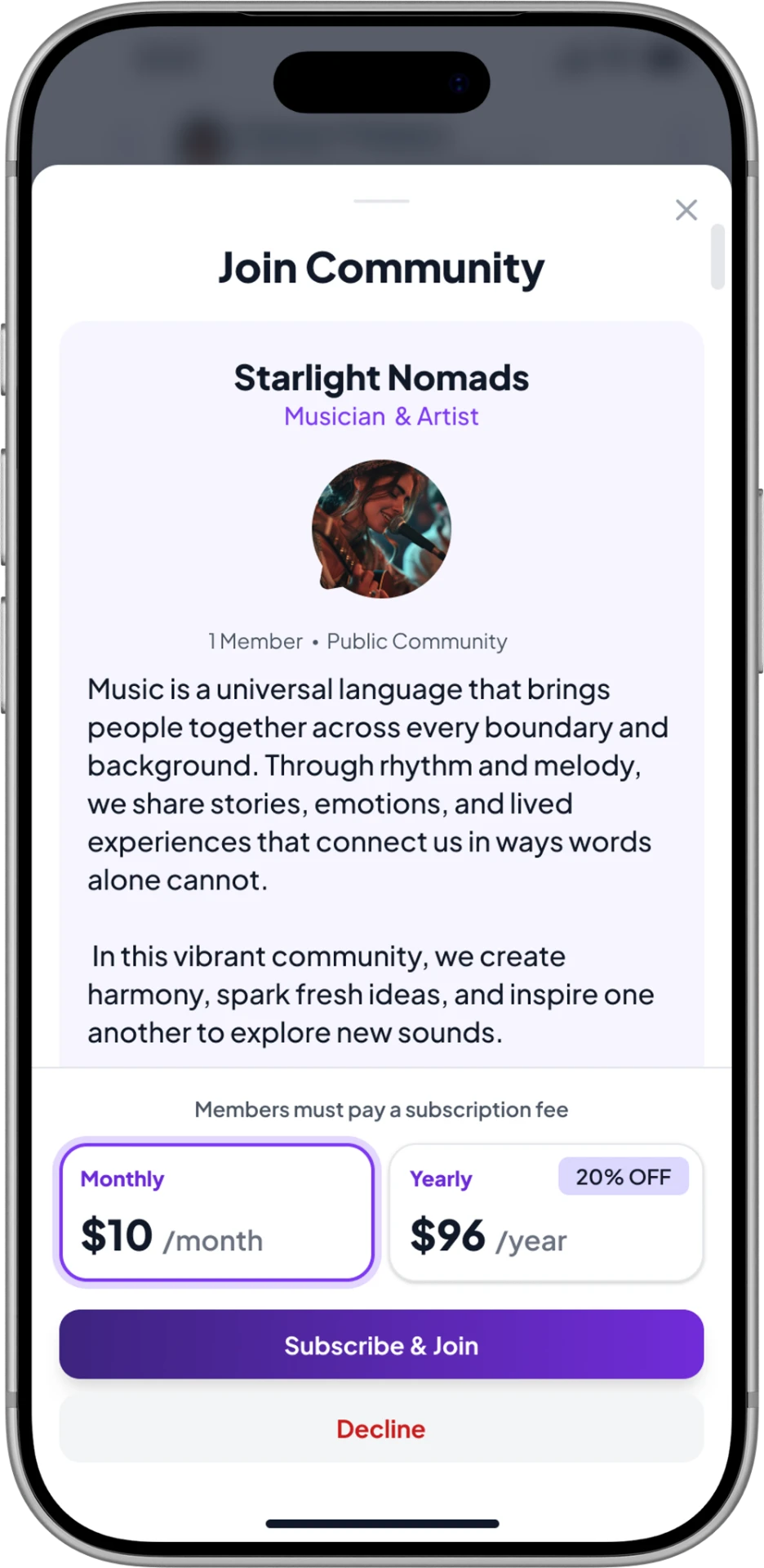 Icon mobile join community sheet with monthly and yearly subscription options.