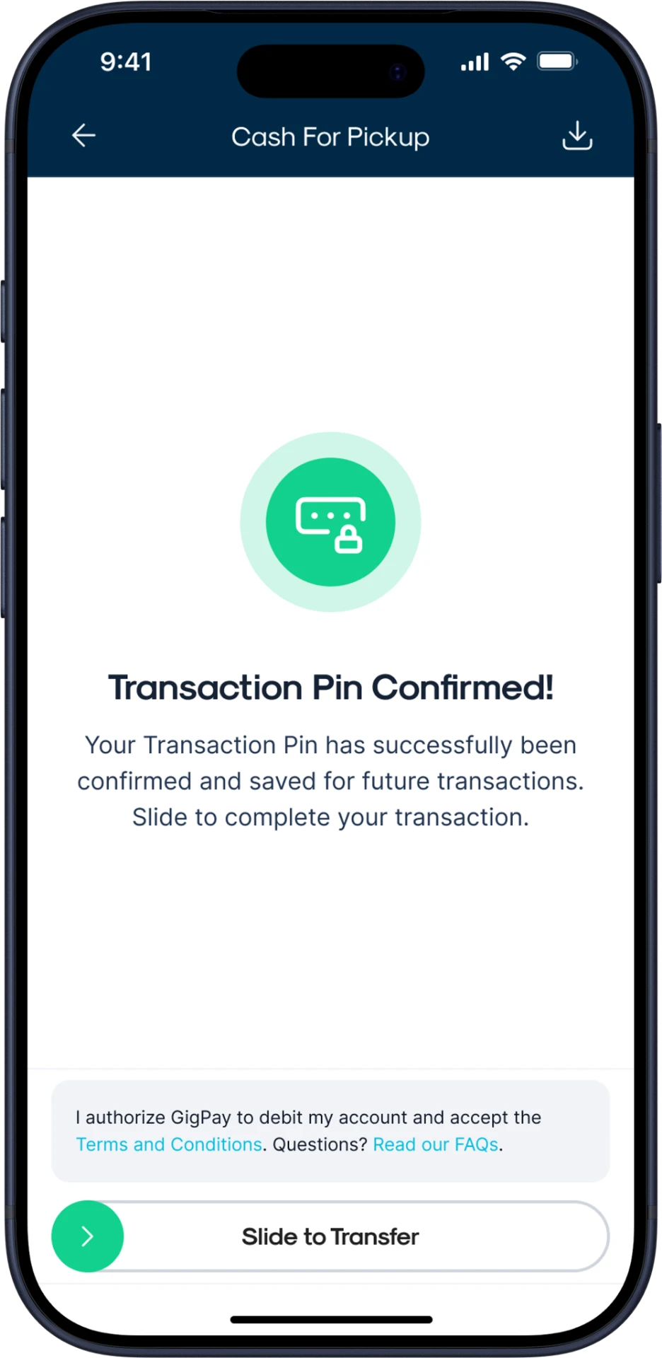 GigPay mobile screen confirming the transaction PIN with a slide-to-transfer action.