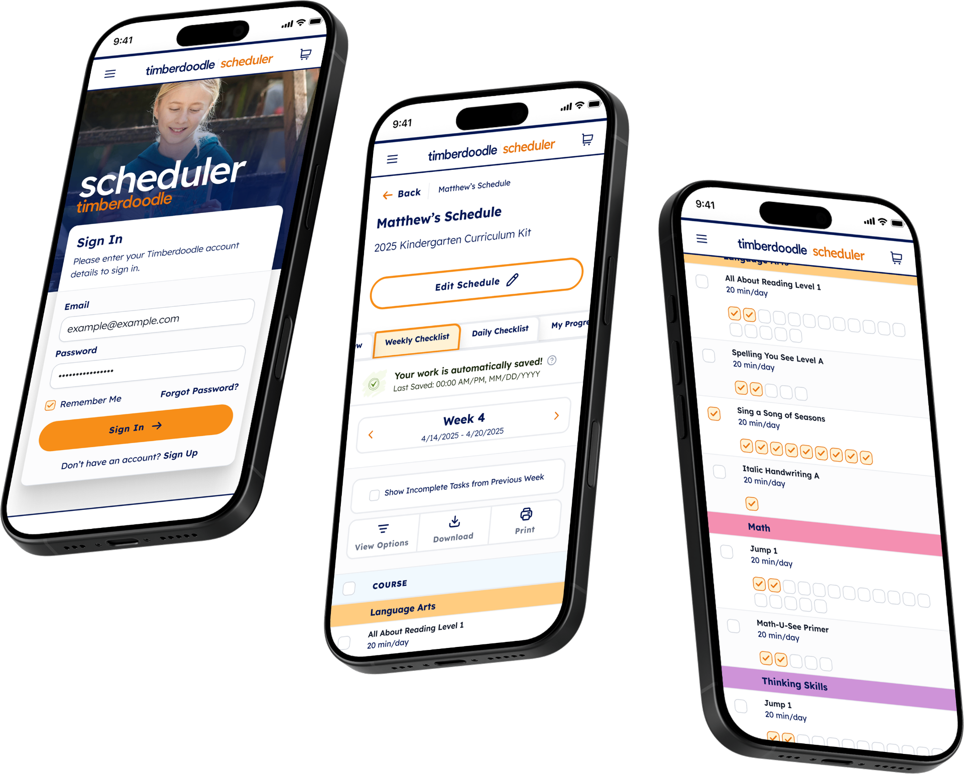 Timberdoodle Scheduler app — sign in, weekly schedule, and checklist screens on mobile