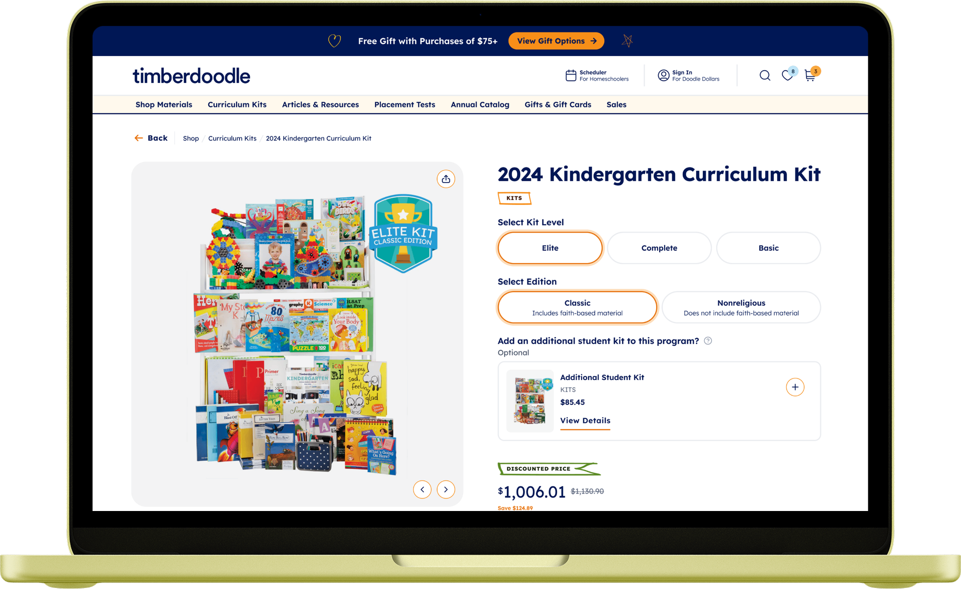 Timberdoodle product detail page — 2024 Kindergarten Curriculum Kit with kit level and edition selectors