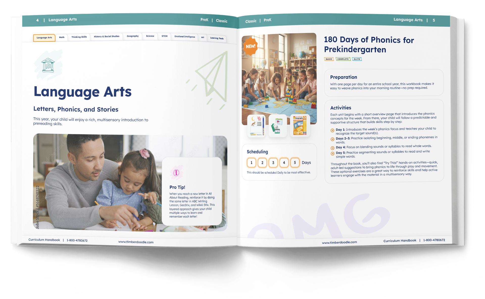 Timberdoodle curriculum handbook spread — Language Arts chapter with editorial layout