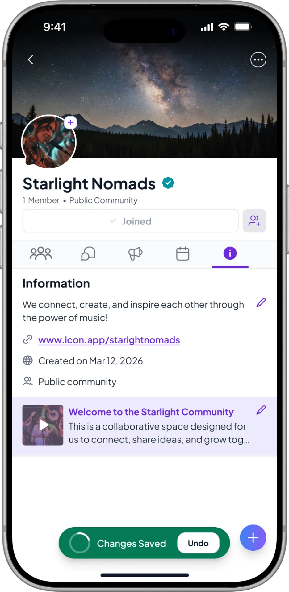 Icon mobile community information screen showing community details, link, and welcome video.