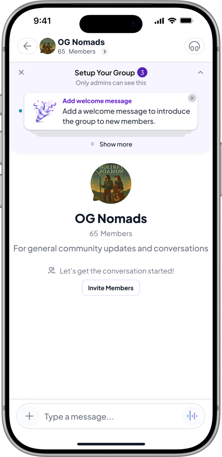Icon mobile group setup screen for OG Nomads showing welcome message, member count, and invite members prompt.
