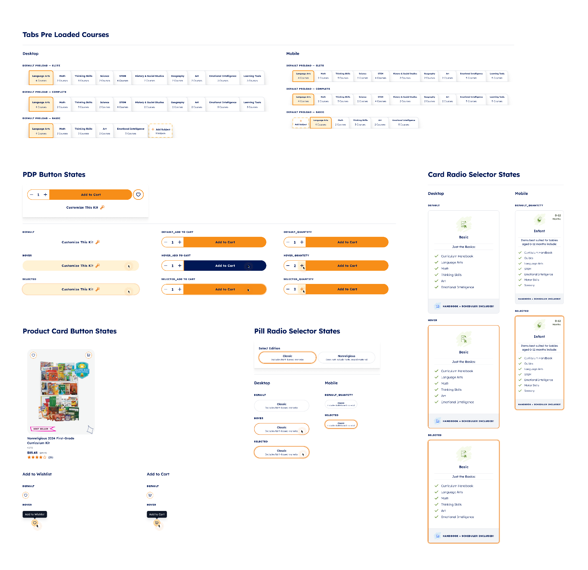 Timberdoodle design system — button, radio, tab, and card component states across desktop and mobile