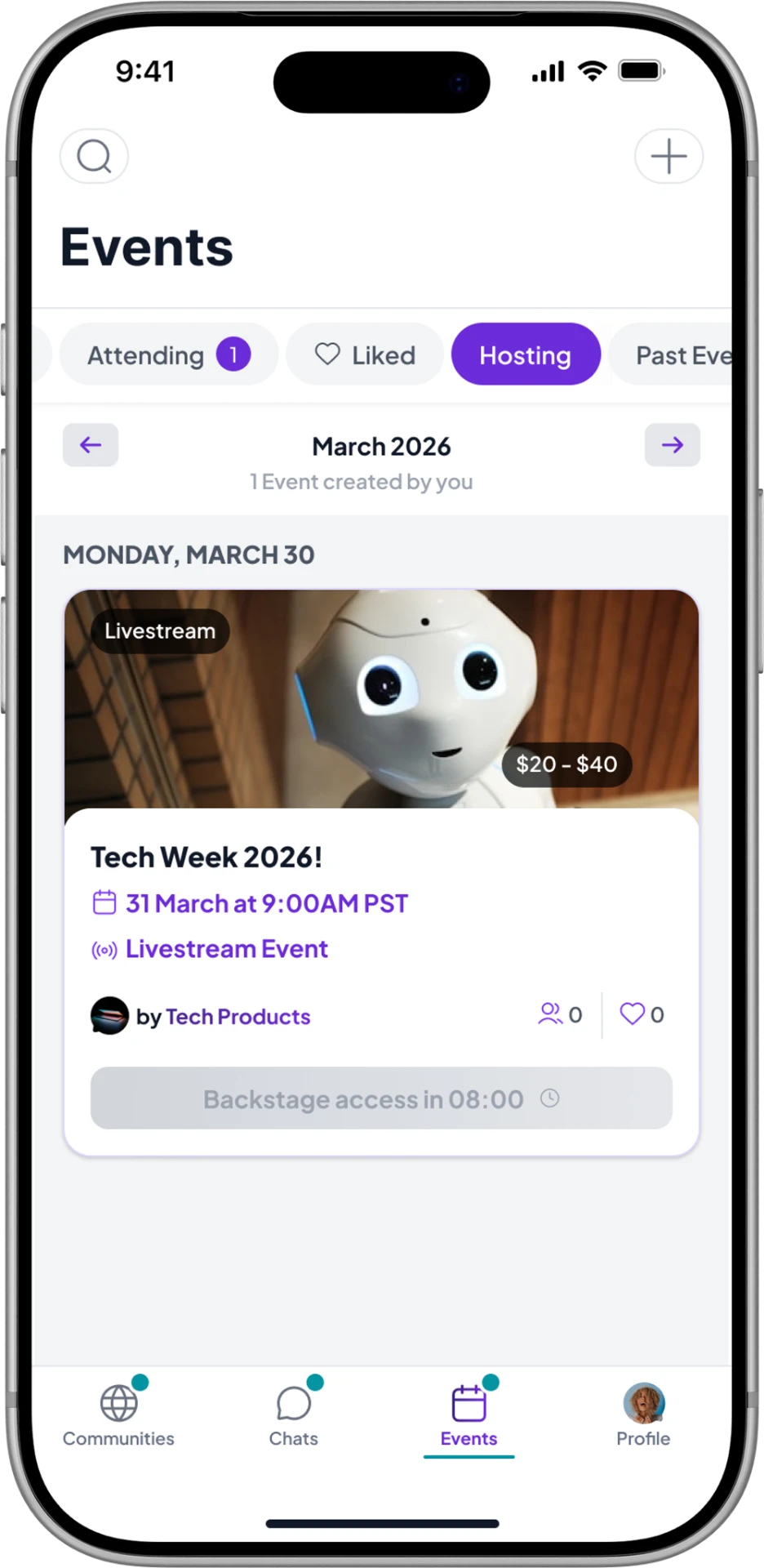 Icon mobile events screen listing an upcoming livestream event with ticket pricing.