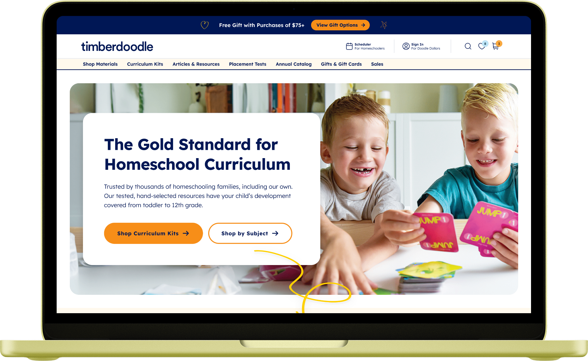 Timberdoodle homepage showing the homeschool curriculum value proposition and two children engaged with learning materials