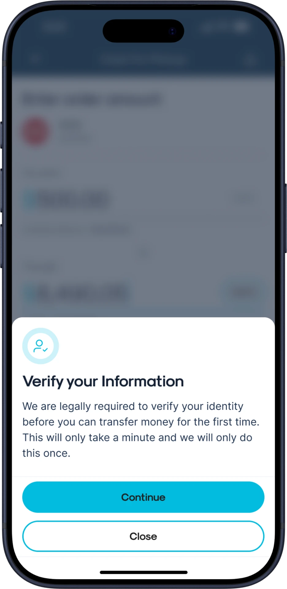 GigPay mobile identity verification screen asking the user to confirm their identity before continuing.