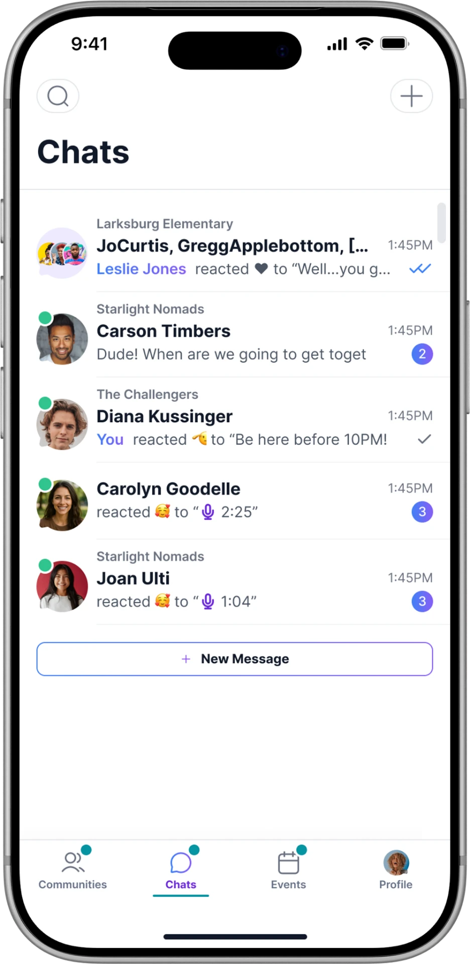 Icon mobile Chats list showing direct and group conversations across communities, with unread badges and reactions.