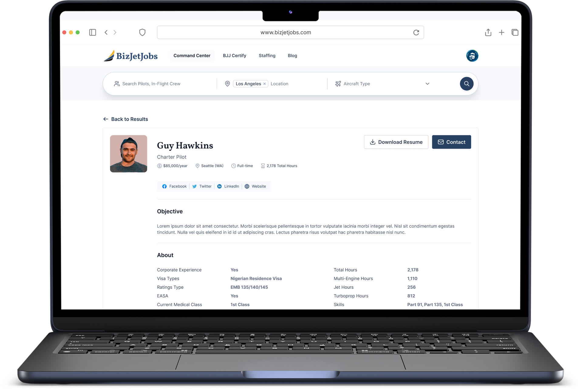 BizJetJobs pilot profile — Guy Hawkins