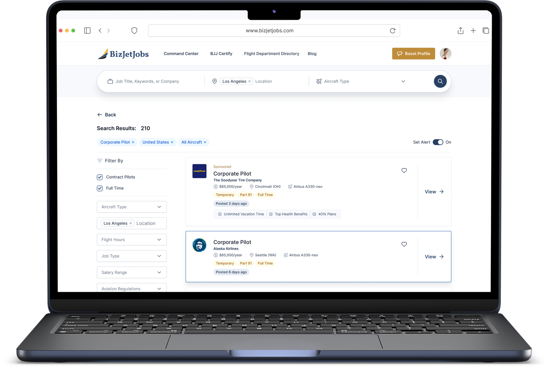 BizJetJobs recommended jobs command center