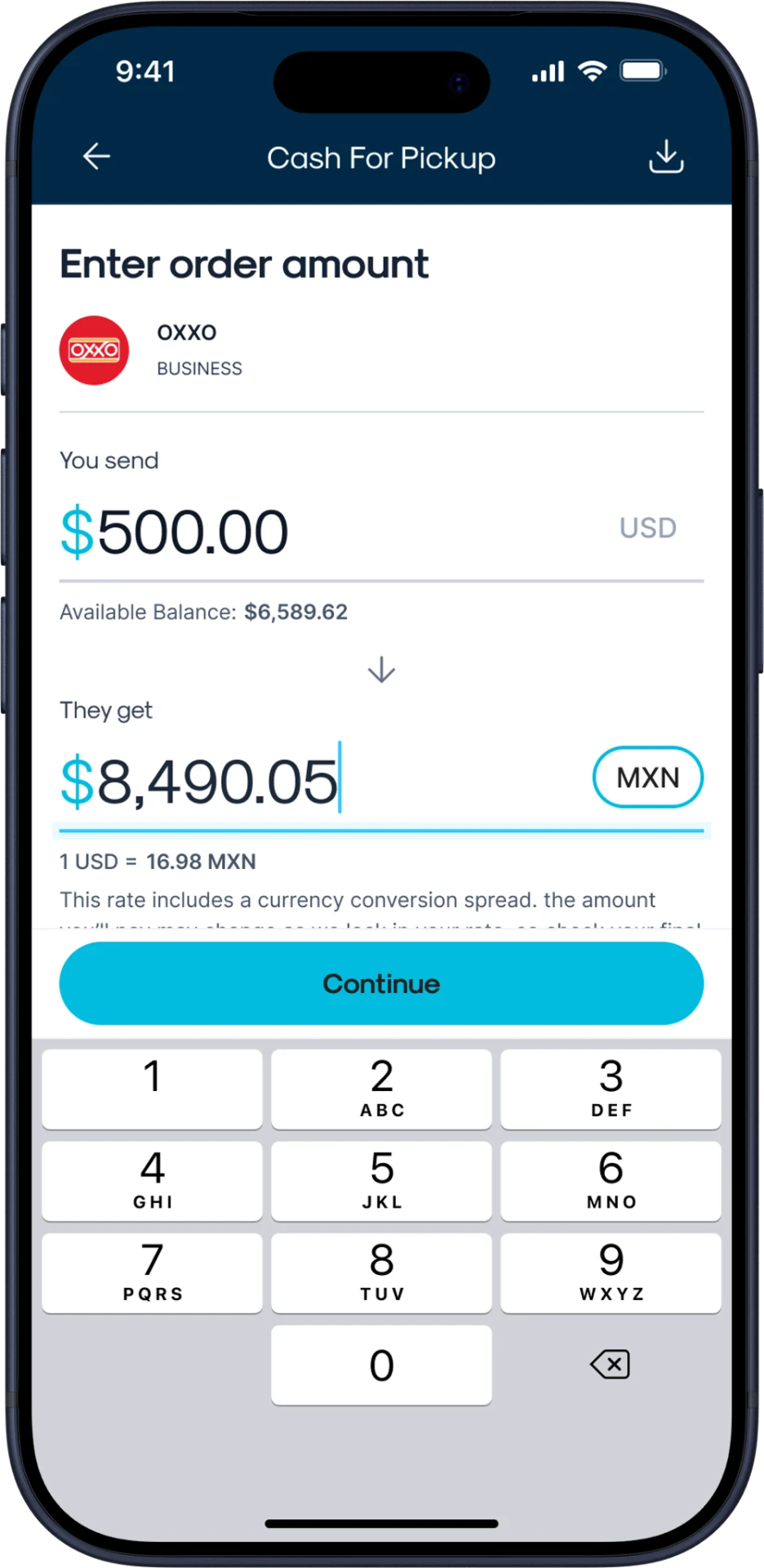 GigPay mobile screen showing transaction amount entry and MXN exchange-rate preview.