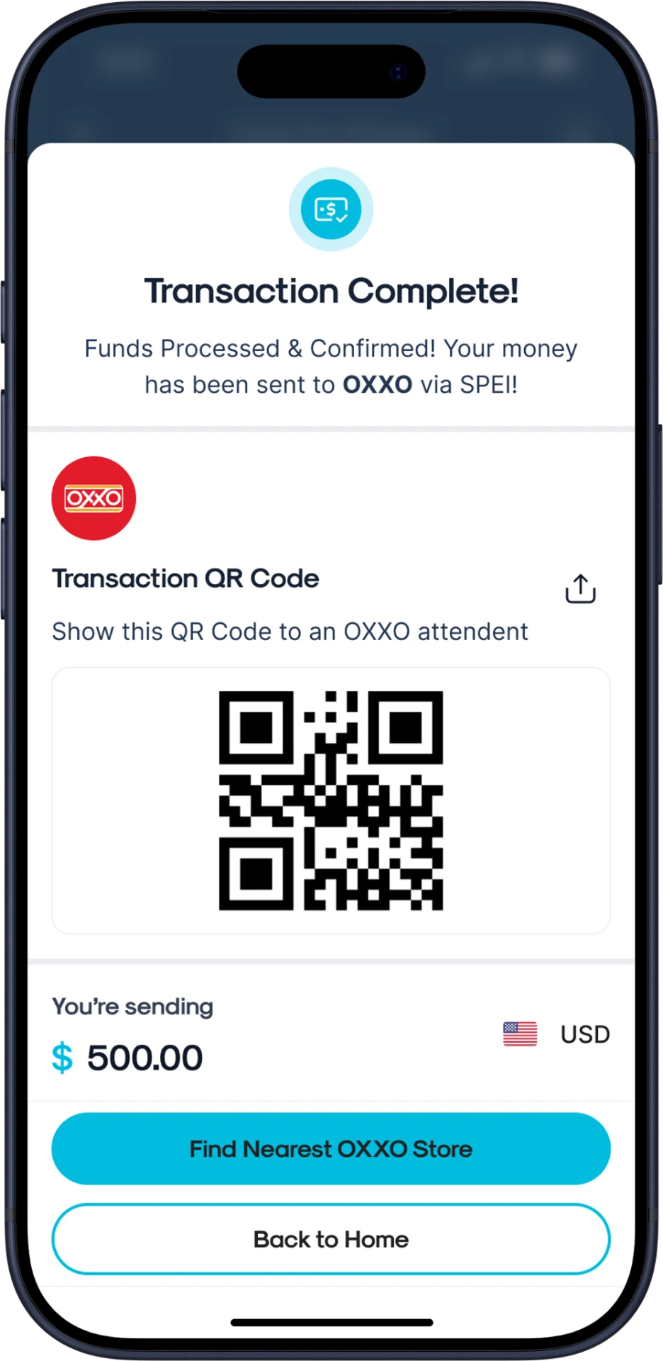 GigPay mobile transaction complete screen with payment details, QR code, and next actions.