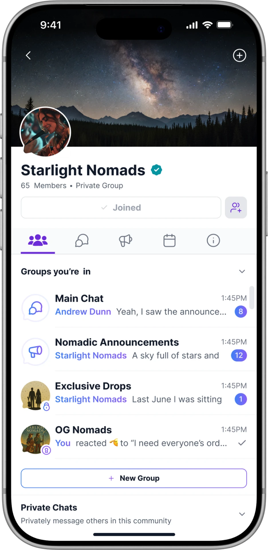 Icon mobile community home showing groups, announcements, and recent activity.