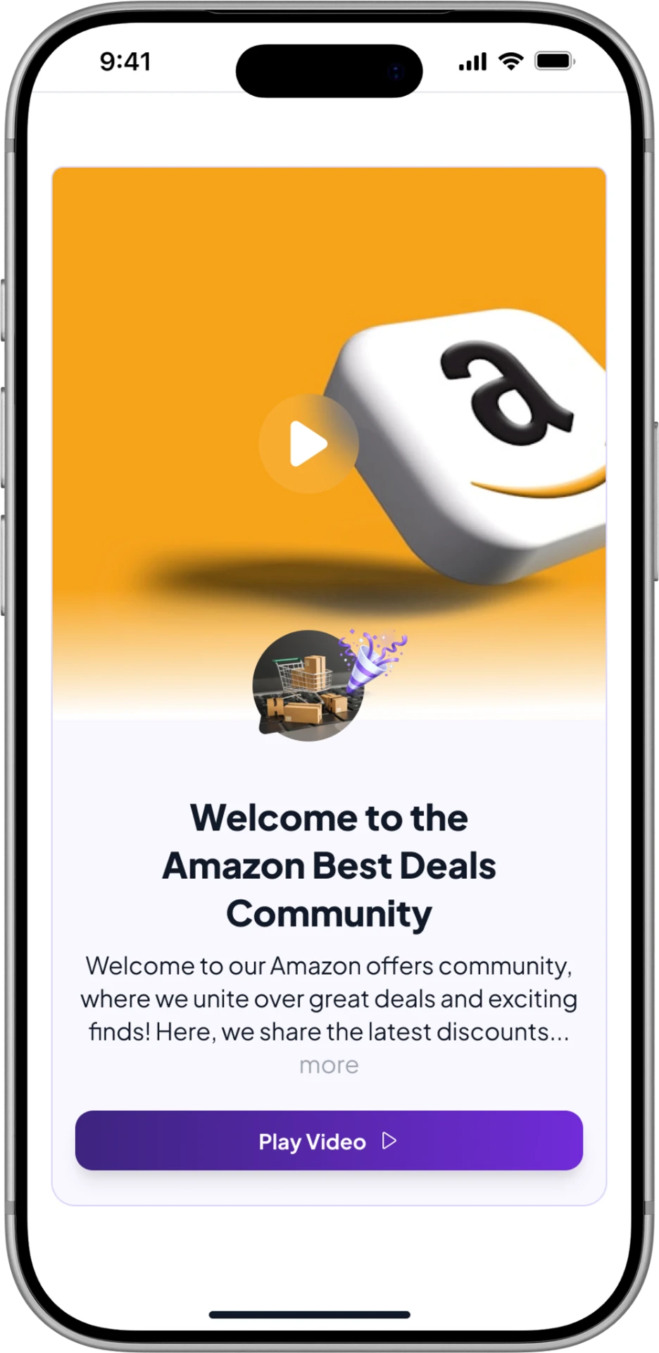 Icon mobile welcome screen with community intro video and Play Video action.