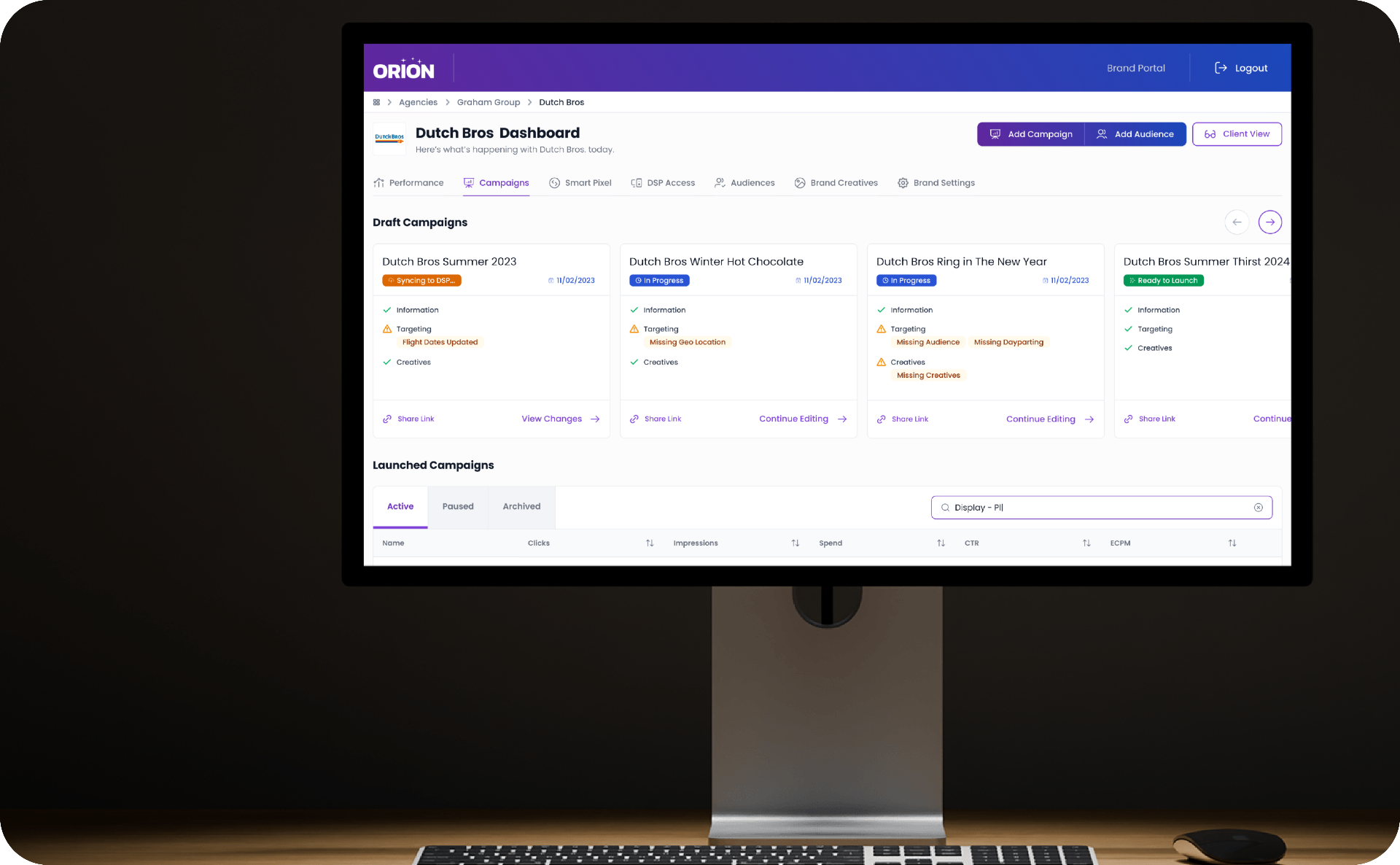 Orion advertising intelligence platform — campaign dashboard