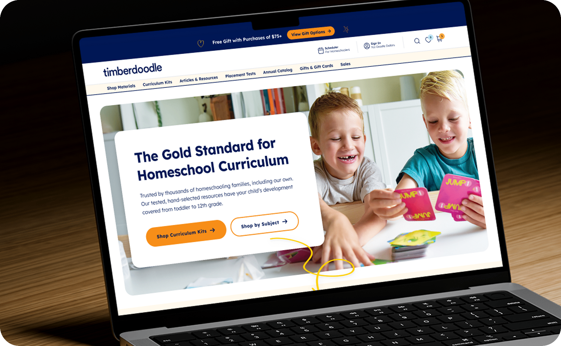 Timberdoodle homeschool curriculum — homepage on laptop