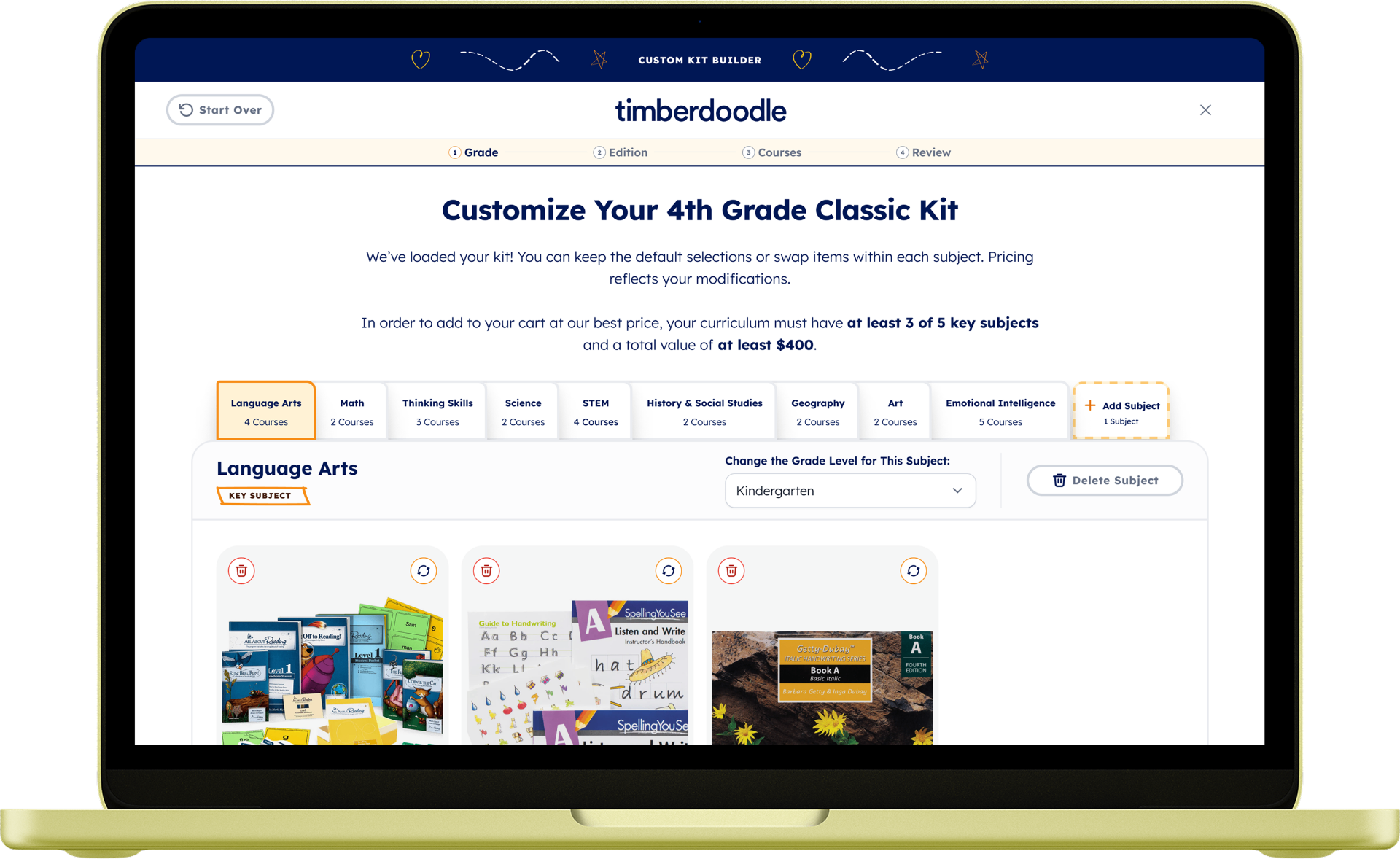 Timberdoodle custom kit builder — guided customization of a 4th grade classic kit