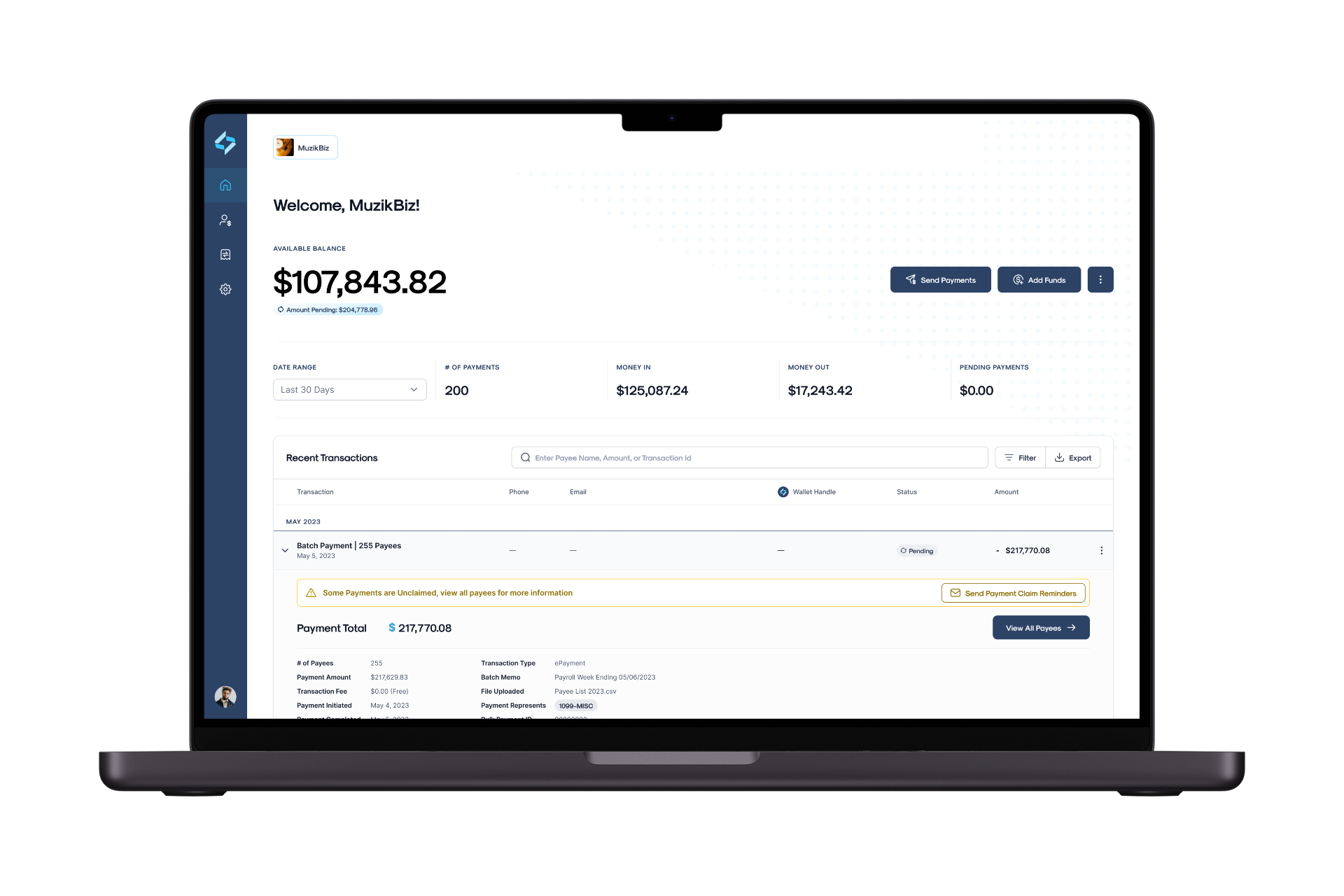 Bulk payments dashboard