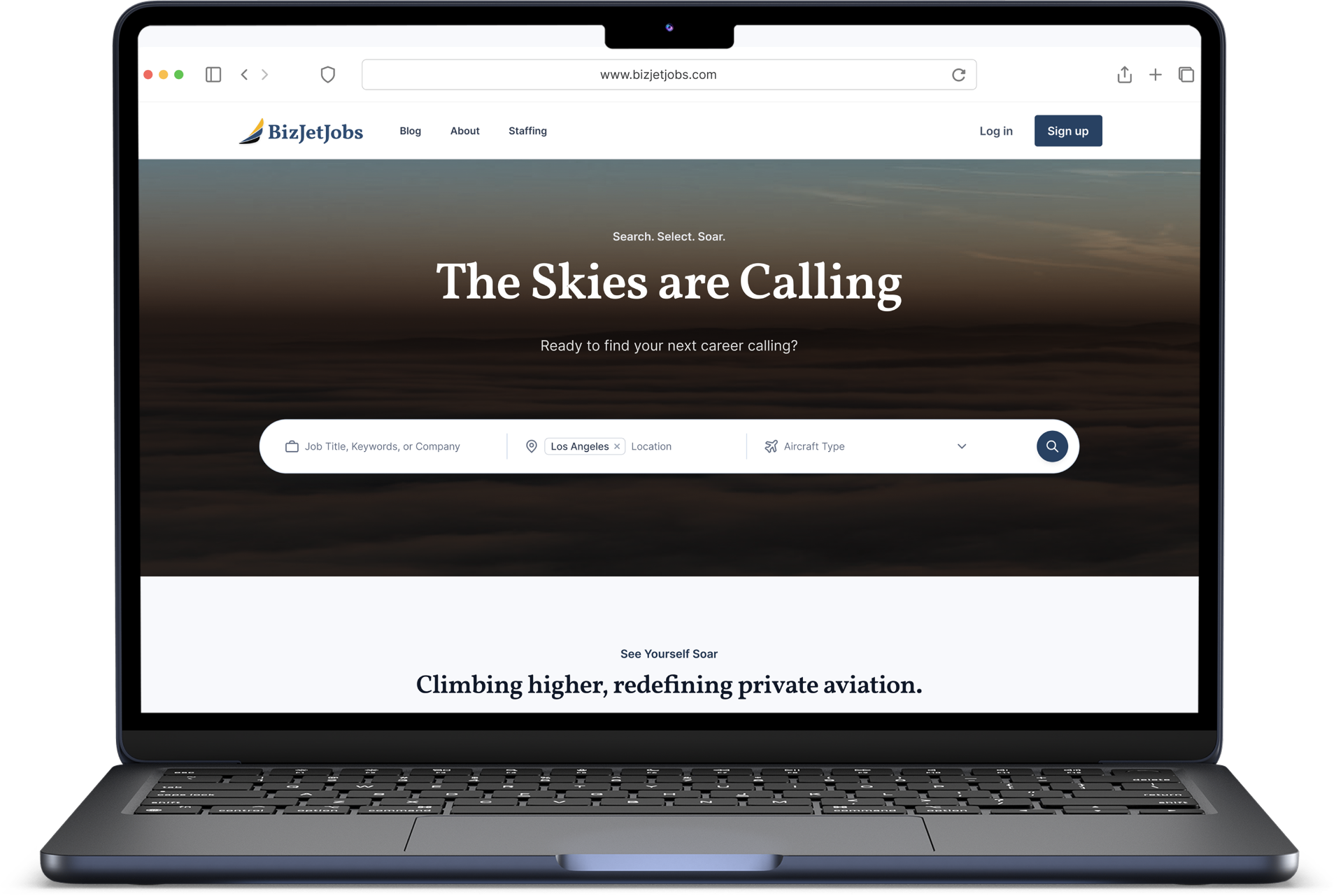 BizJetJobs homepage — search hero
