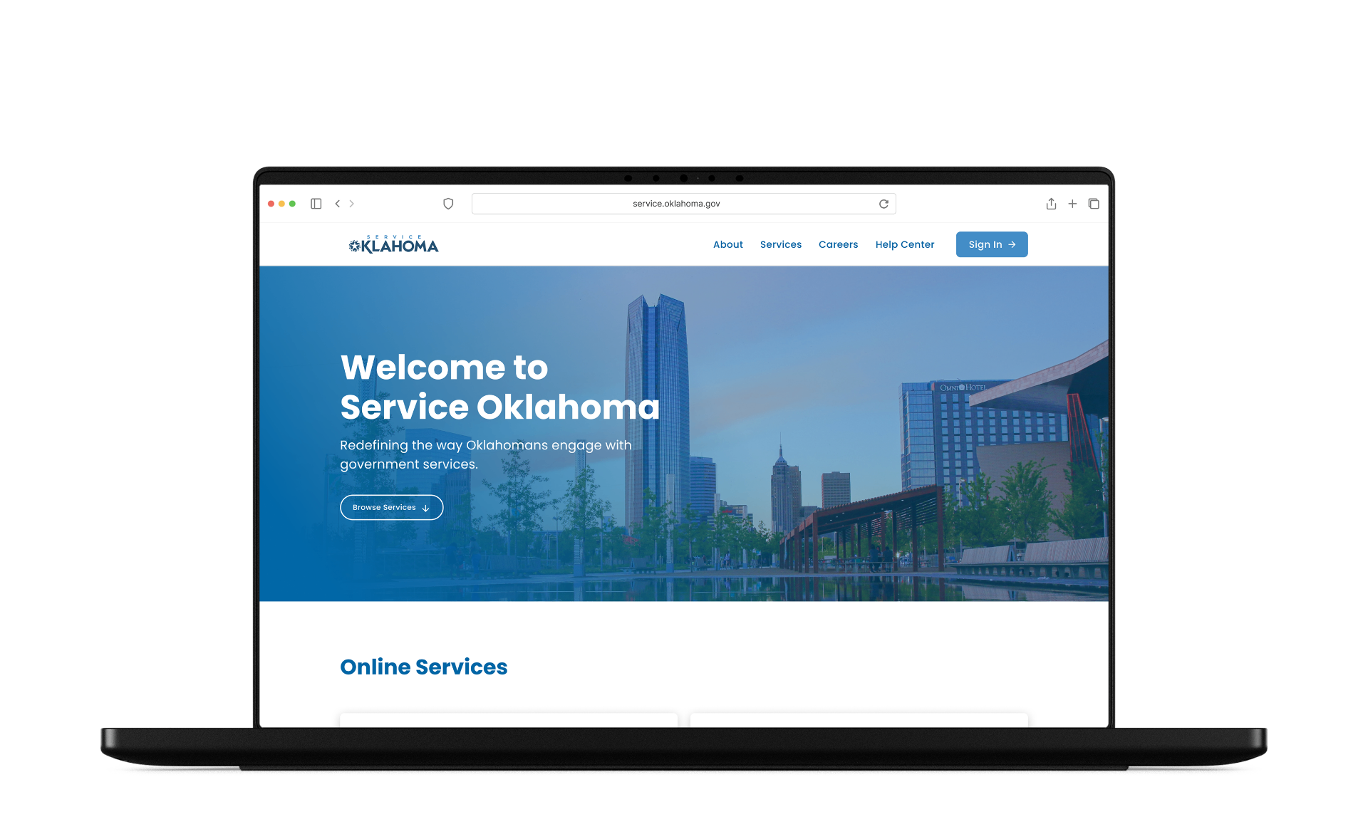 Service Oklahoma homepage with hero and Online Services.