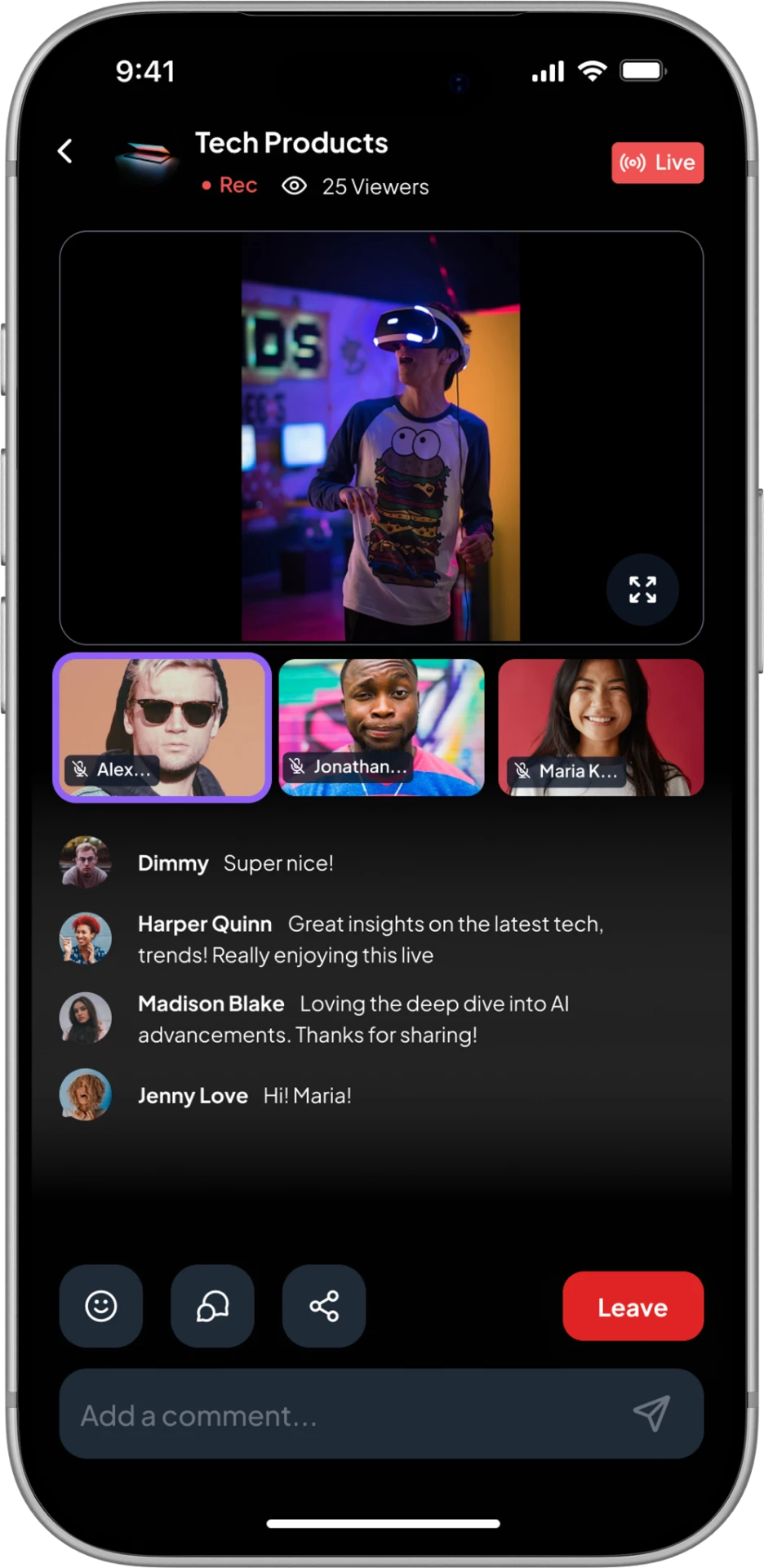 Icon mobile live event screen for Tech Products showing a live stream, viewer avatars, and real-time comments.