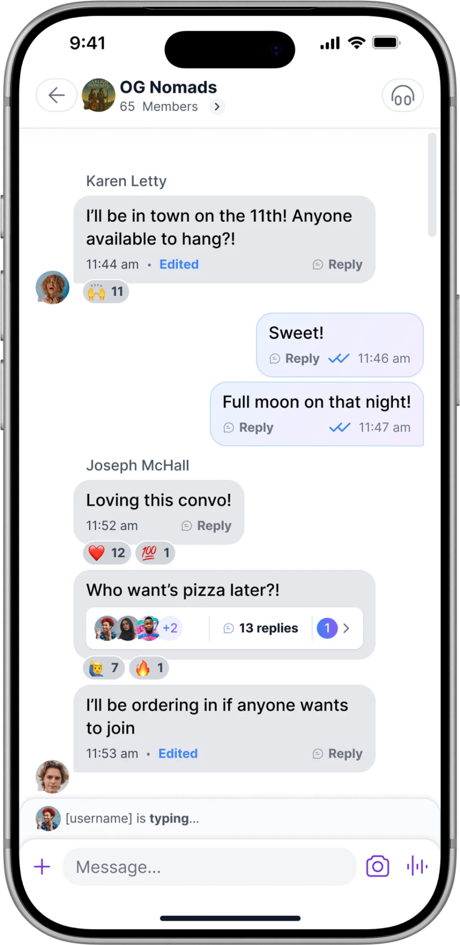 Icon mobile group chat with threaded replies, reactions, and typing indicator.